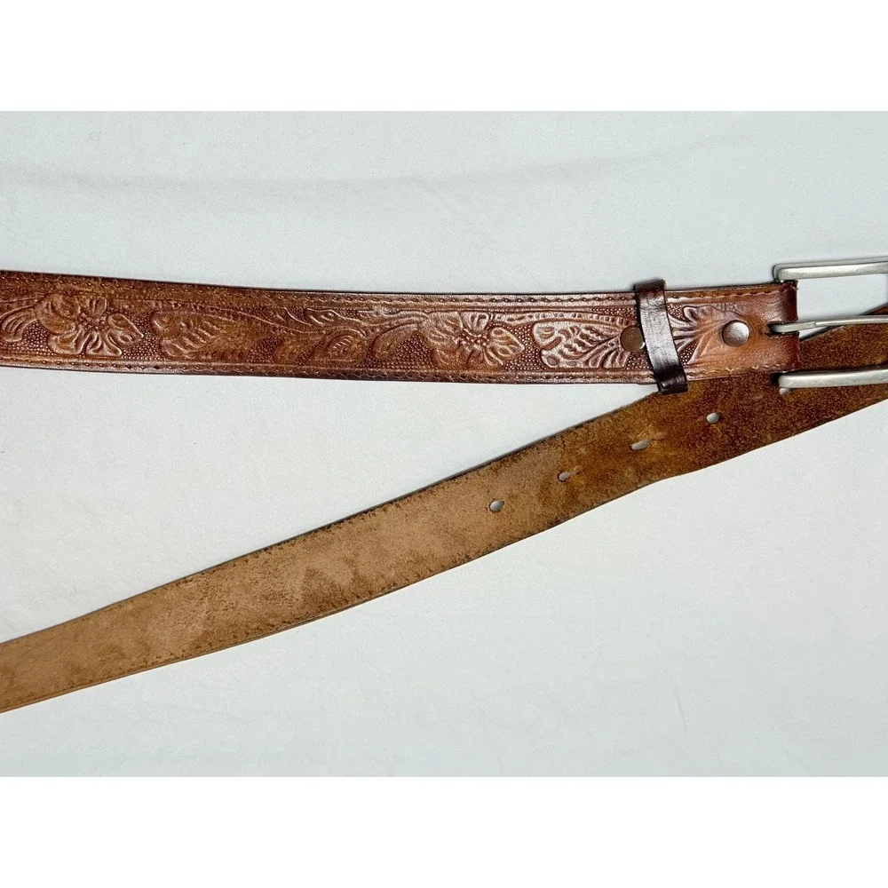 Vintage Embossed Leather Belt Brown Western Tooled Distressed Size 38